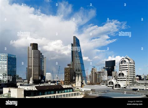 City of London financial district skyline with iconic buildings: Stock Exchange, Tower 42 ...