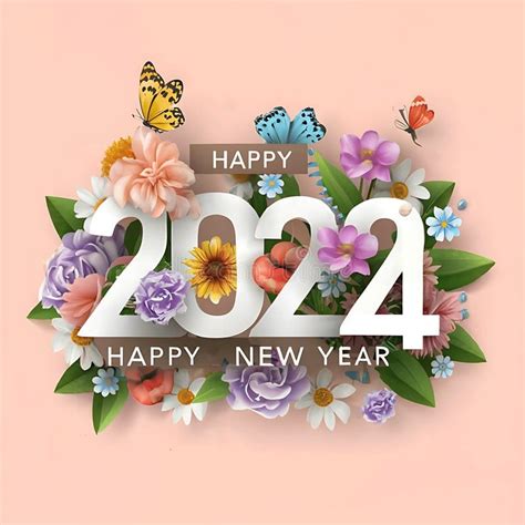 Happy New Year Greeting Card with Flowers and Butterflies. Vector Illustration Stock ...