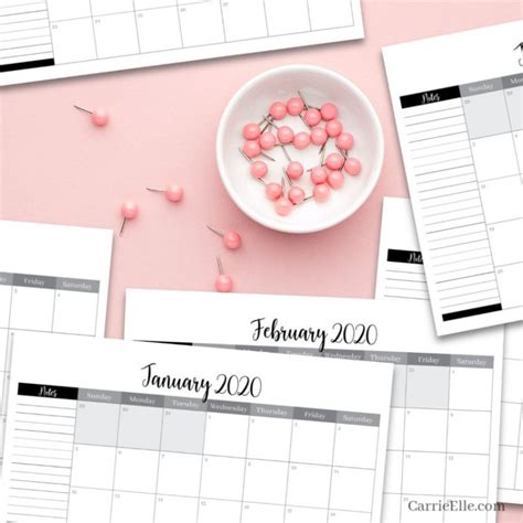 Printable Black and White 2020 Calendar - Carrie Elle