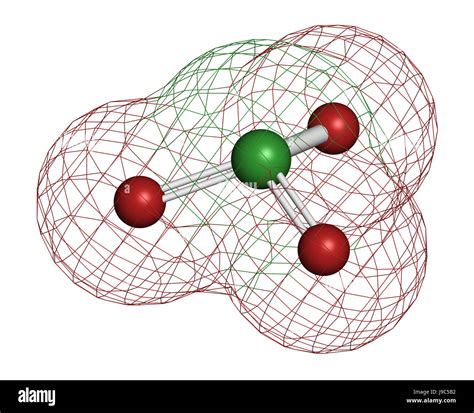 Chlorate anion, chemical structure. 3D rendering. Atoms are represented as spheres with ...