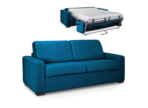 Canape convertible 3 places louna luxe en tissu bleu petrole ouverture express matelas 18 cm ...