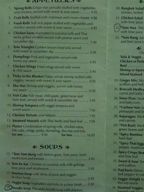 Menu at Bangkok Thai Cuisine II restaurant, Dennis