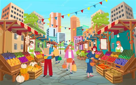 Premium Vector | Organic food market street with people. Food market ...