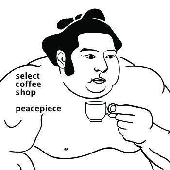 a man holding a coffee cup with the words select coffee shop and peace on it