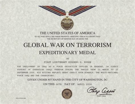 Global War on Terrorism Expeditionary Medal, Certificate and Criteria