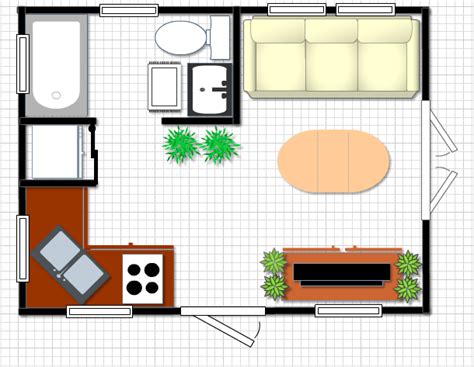 Tiny House Plan 12x16 w/mobile home size bathtub, futon bed, under counter fridge/freezer ...