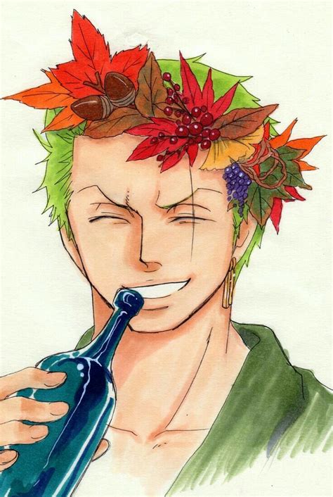 Roronoa Zoro, smiling, flower crown, leaves, autumn, fall, sake, booze, bottle; One Piece | Zoro ...