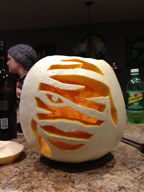 White pumpkin, carved as a mummy | Halloween pumpkins carvings, Pumpkin carving, White pumpkins