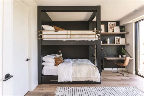 Bunk Beds, Black Walls, Wall Mounted Desk, Open Shelves, Moroccan Rug, Becki Owens Design | Bunk ...