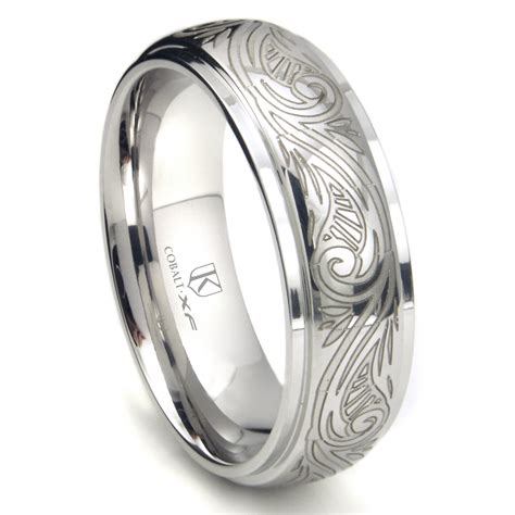 Cobalt XF Chrome 8MM Laser Engraved Paisley Motif Dome Wedding Band Ring