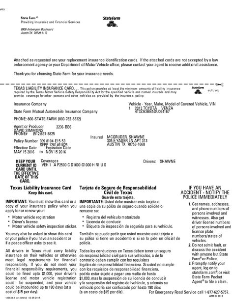 Texas Liability Insurance Card Template