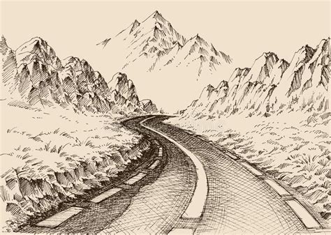 Empty road passing through alpine landscape. Hand drawing. Travel ...