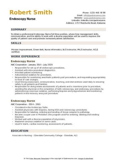 Endoscopy Nurse Resume Samples | QwikResume