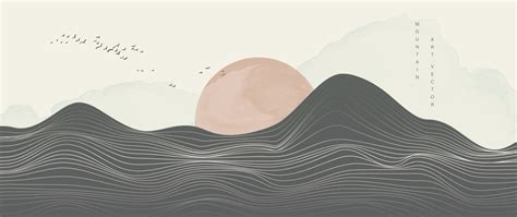 Mountain in oriental style background vector. Chinese landscape with wavy lines, birds, hills ...