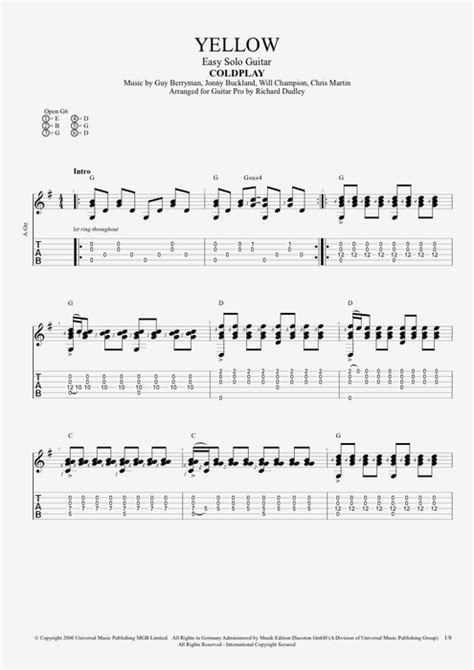 Free Guitar Sheet Music Coldplay Yellow waaroti