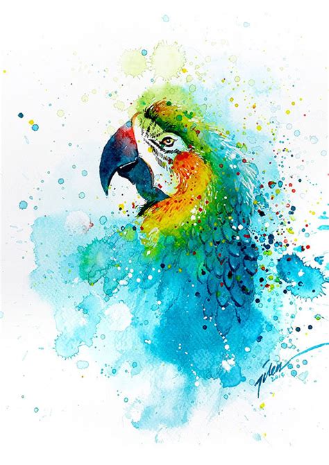 a painting of a colorful parrot with splashes on it's body and head