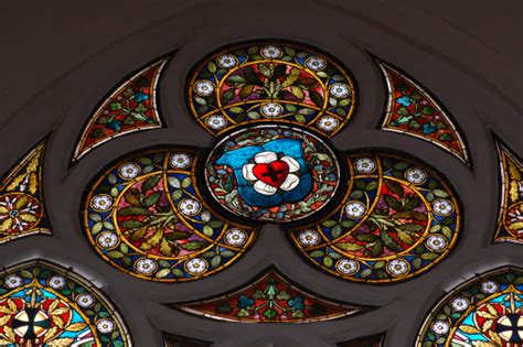 Stained Glass Window With Luther Rose Symbol Stock Photo - Download Image Now - iStock