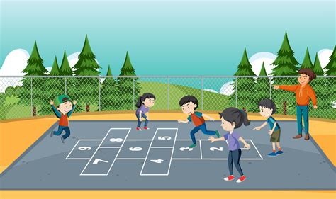 Children playing hopscotch game at the park 7107558 Vector Art at Vecteezy