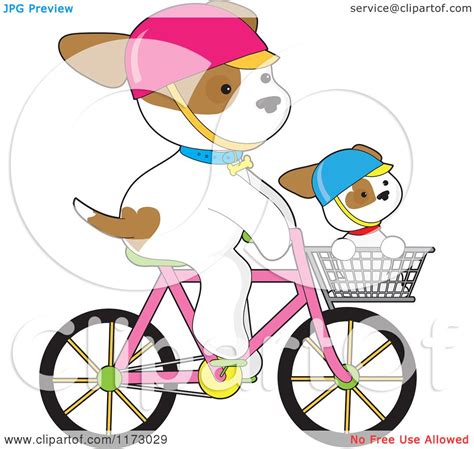 Cartoon of a Cute Dogs Riding on a Bicycle and in a Basket - Royalty Free Vector Clipart by ...