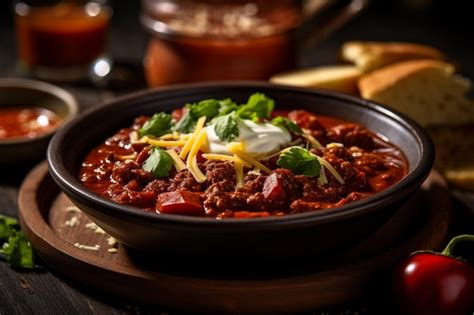 Premium AI Image | A bowl of chili with cheese and vegetables on a table