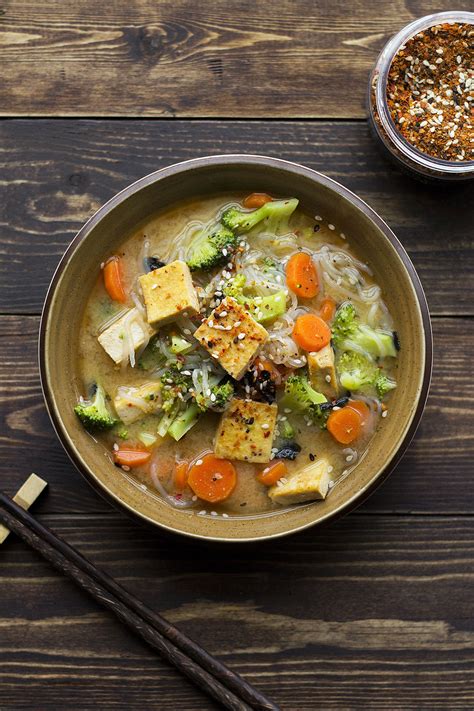 Miso ramen - vegetable broth, shiro miso, soy sauce, yam noodles, pan-fried tofu, broccoi ...