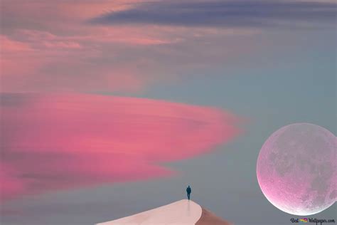 Nature desert & pink moon 4K wallpaper download