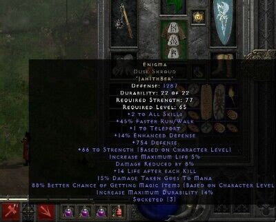 diablo 2: resurrected d2r Enigma dusk shroud low str high defense 14%ed ...