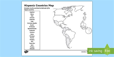 Hispanic Countries Map Labeling Activity for 3rd-5th Grade