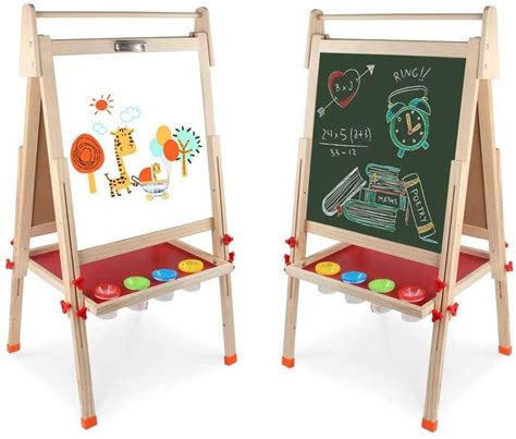 Arkmiido Kids Wooden Art Easel Double-Sided Whiteboard & Chalkboard Adjustable Standing Easel ...