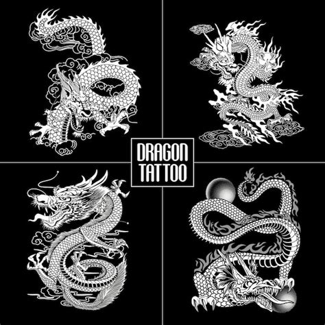 Premium Vector | A series of dragon tattoos on a black background