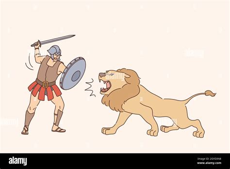 Gladiator with lion fight concept. Young man gladiator cartoon character in special uniform ...