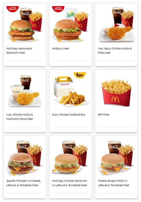 the menu for mcdonald's is shown here