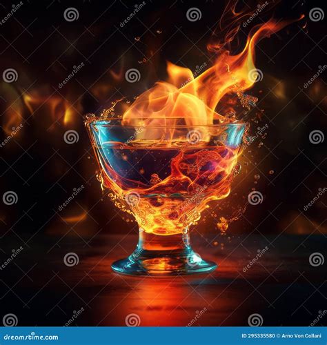 Flaming Elixir: Cocktail Glass Ignites with Spirited Flames Stock Photo ...