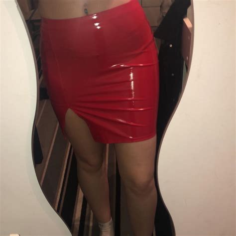 Red vinyl skirt. Size 10 from boohoo, only ever worn... - Depop