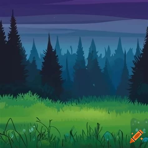 Cartoon illustration of an evening meadow with a dark forest on Craiyon