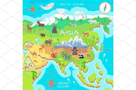 Asia Mainland Cartoon Map with Fauna | Animal Illustrations ~ Creative Market