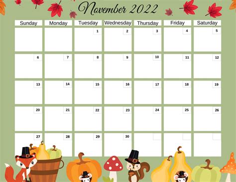 November 2022 Calendar Fall 2022 Thanksgiving Squirrels - Etsy