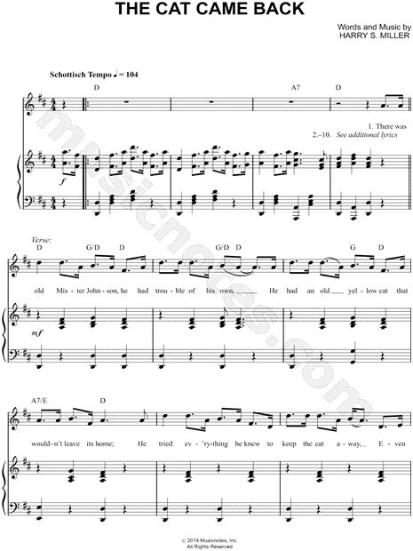 Harry S. Miller "The Cat Came Back" Sheet Music in D Major - Download & Print - SKU: MN0138591