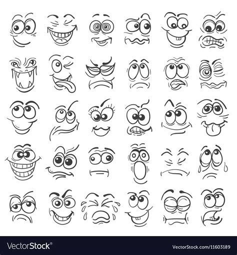 Cartoon face Emotion set. Various facial expressions in doodle style isolated on white. Vector ...