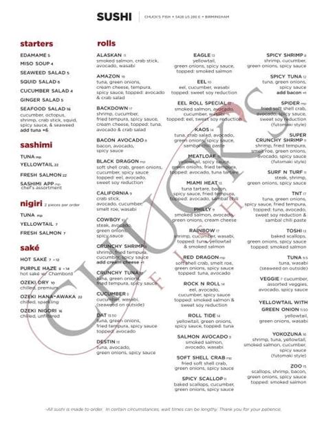 Chuck's Fish menu in Tuscaloosa, Alabama, USA