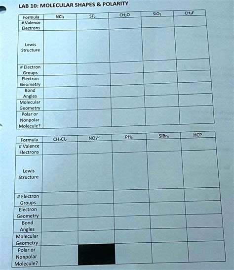SOLVED: Lab 10: Molecular Shapes Polarity NCI SF2 CHO Formula #Valence Electrons SiO2 CH3F Lewis ...