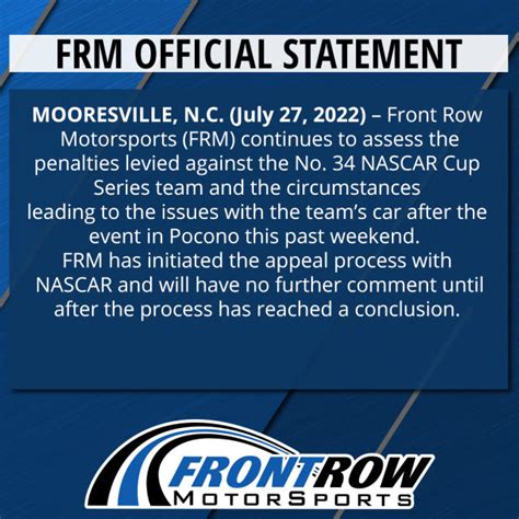 Front Row Motorsports No. 34 team penalized 100 points, fined $100,000