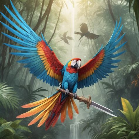 Macaw with wings spread in brilliant colors and swor...