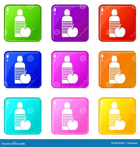 Bottle of Water and Apple Icons 9 Set Stock Vector - Illustration of mineral, collection: 96092440