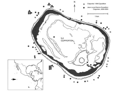 Map of Clipperton Island (10°17–18'N 109°11–13'W), indicating... | Download Scientific Diagram