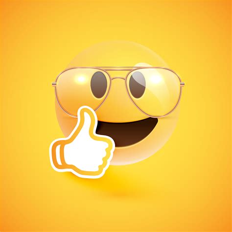 Realistic emoticon with eyeglasses and thumbs up, vector illustration ...