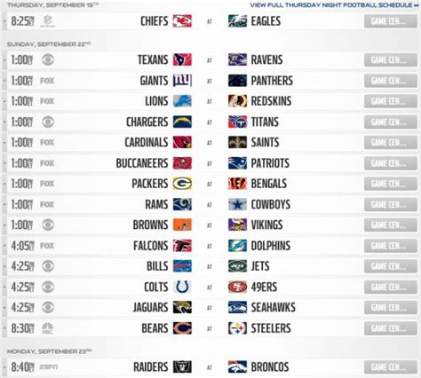 Nfl Weekly Schedule Printable