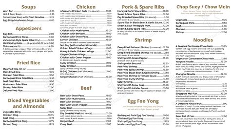 Menu at Four Seasons Chinese Food restaurant, Winnipeg