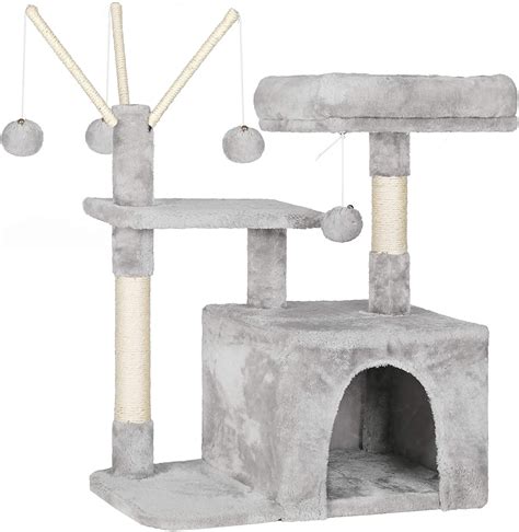 FEANDREA Cat Tree for Kitten, Cat Condo, 72 cm, 3 Pompoms, Light Grey ...