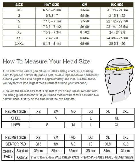 Shoei GT-Air Helmet Size Chart